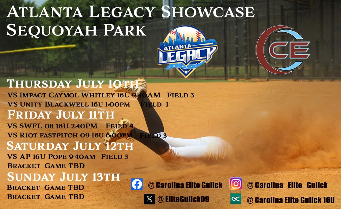 Back at it this weekend for Atlanta Legacy Showcase! Can’t wait to be back on the field with my girls 
<a href="/EliteGulick09/">Carolina Elite Gulick</a> <a href="/CarEliteNCorg/">@CarolinaEliteOrg</a> <a href="/UNCSoftball/">Carolina Softball</a> <a href="/WingateSoftball/">Wingate Softball</a> <a href="/PackSoftball/">NC State Softball</a> <a href="/UpstateSoftball/">USC Upstate Softball</a> <a href="/CoachKama/">Kama</a>