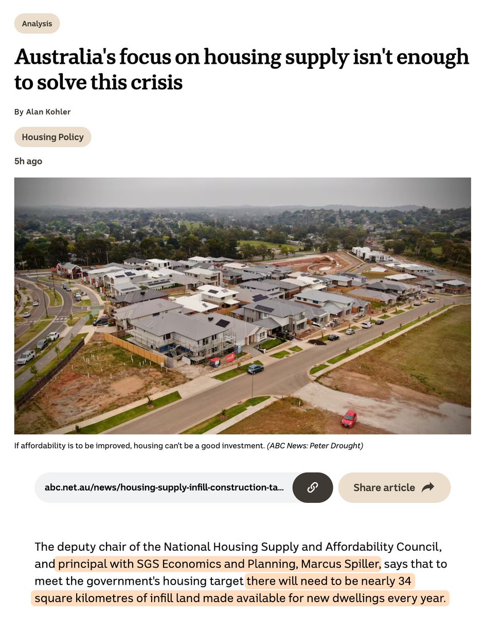 This morning, Alan Kohler published an article based on claims from a single conservative legacy planner. 

Central to the piece is an assertion that Australia needs to develop 34 square kilometres of infill land each year. But it's based on some bizarre assumptions.🧵