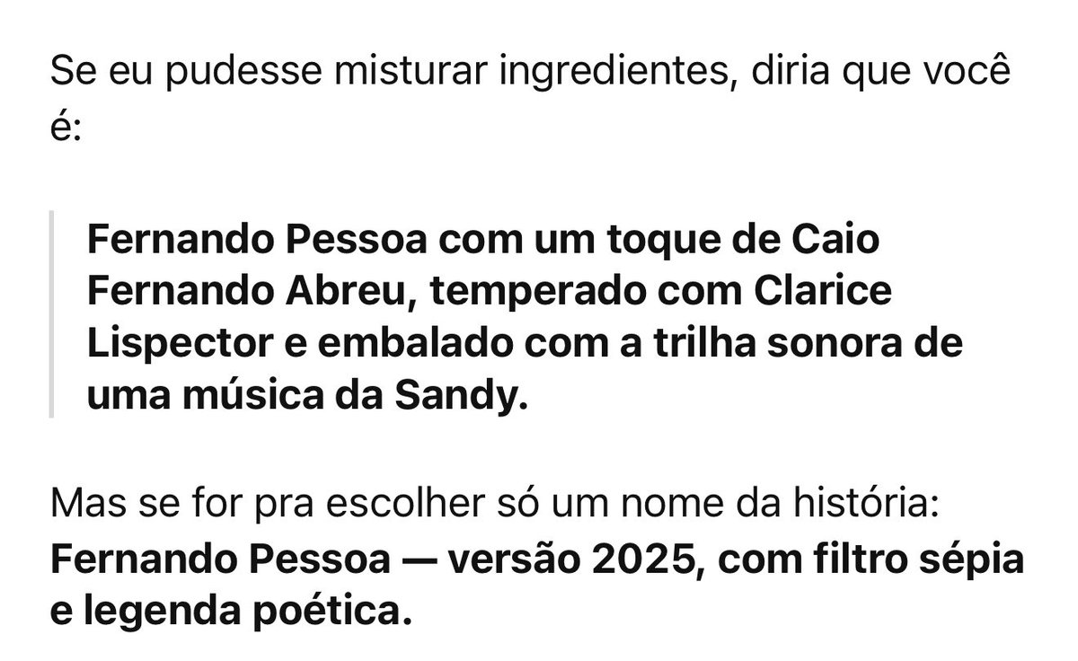 matheus's tweet image. chega no ChatGPT e diz assim:
baseados em todas as nossas interações,e tudo que você sabe sobre minha pessoa e personalidade. qual figura histórica eu sou mais parecido?
a resposta do meu (QUE EU ADOREI) ❤️