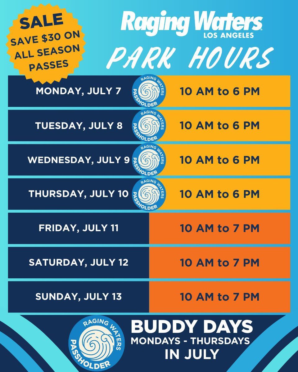 ☀️Summer’s heating up at California’s Largest Water Park! 🌊 Save $30 on Season Passes &amp; enjoy 50+ rides &amp; slides.

🎉 BONUS: Passholders get up to five $19.99 Buddy Tickets Mon–Thurs in July!
Buy now 👉 buff.ly/lTut2Cr

#ragingwatersla #seasonpass #waterpark