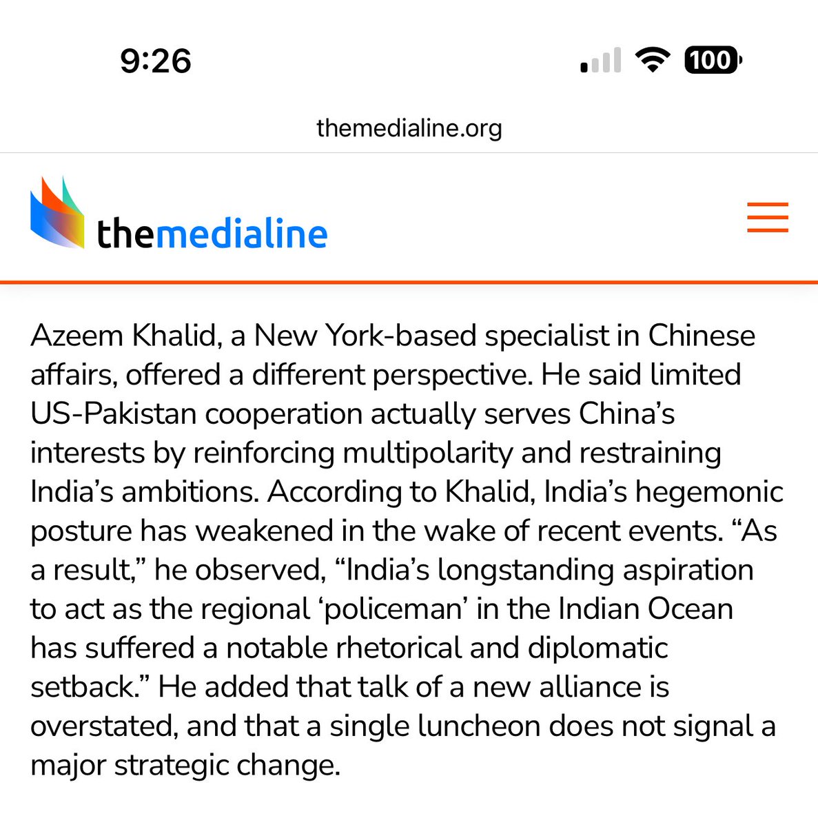 azeemkhld's tweet image. Humbled to be featured in an article by @TheMediaLine analyzing recent recalibration of #USPakistan ties. Headline rightly calls it a pragmatic, not strategic reset.
My takes
1- Renewed cooperation between #Washington & #Islamabad, though limited, indirectly reinforces #China’s…