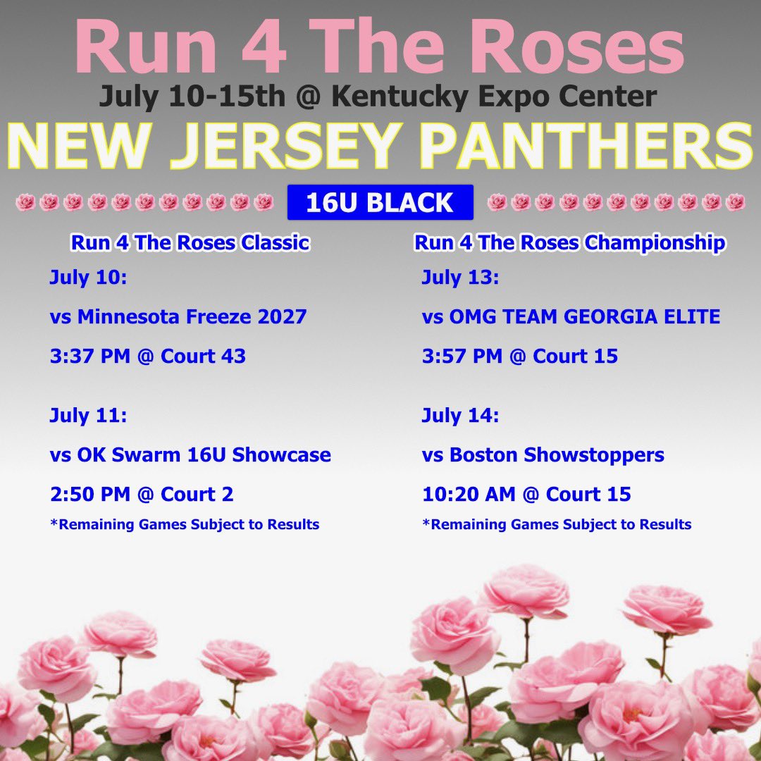 Noelle Grady (@noellegrady2027) on Twitter photo here is my schedule for Run 4 The Roses!๐น๐๐
So excited to compete with <a href="/nj_panthers/">NJ Panthers</a> 16U Black - come catch us out!!
<a href="/CoachJordanNJP/">Jordan Stites</a> <a href="/CoachZ_NJP/">Zakiya Beckles MAT, LAT, ATC</a> <a href="/chatgirlshoops/">Chatham High School (NJ) Girls Basketball</a> <a href="/pmg911/">Patrick Grady</a> here is my schedule for Run 4 The Roses!๐น๐๐
So excited to compete with <a href="/nj_panthers/">NJ Panthers</a> 16U Black - come catch us out!!
<a href="/CoachJordanNJP/">Jordan Stites</a> <a href="/CoachZ_NJP/">Zakiya Beckles MAT, LAT, ATC</a> <a href="/chatgirlshoops/">Chatham High School (NJ) Girls Basketball</a> <a href="/pmg911/">Patrick Grady</a>