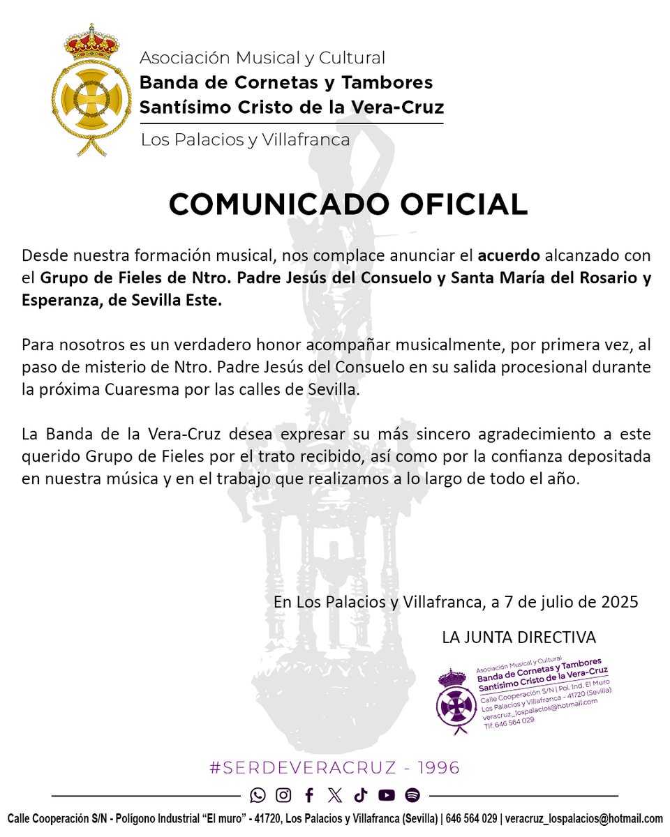 📣 COMUNICADO OFICIAL | Acuerdo alcanzado con el Grupo de Fieles de <a href="/ConsueloSevEste/">El Consuelo</a> para acompañar a Ntro. Padre Jesús del Consuelo la próxima Cuaresma.

#SerDeVeraCruz 💜