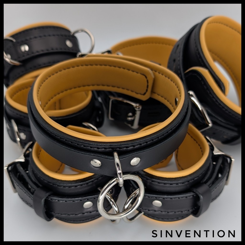 SinventionGear's tweet photo. Making a fantasy into reality for a deserving client.  We loved working on this custom butter yellow bondage gear set.  We hope they like it as much as we do! #leathersmith #madeincanada #sinvention #bondage https://t.co/97qpjOD1BY