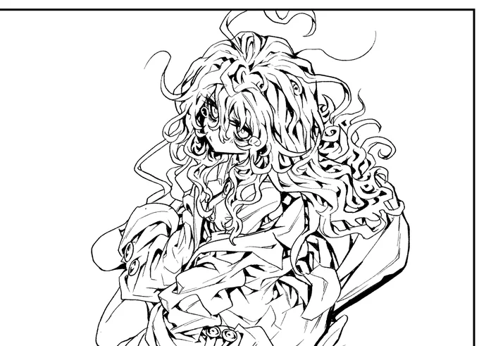 キャラ線画5P分完了
髪の毛のもじゃもじゃ描くの楽しい 