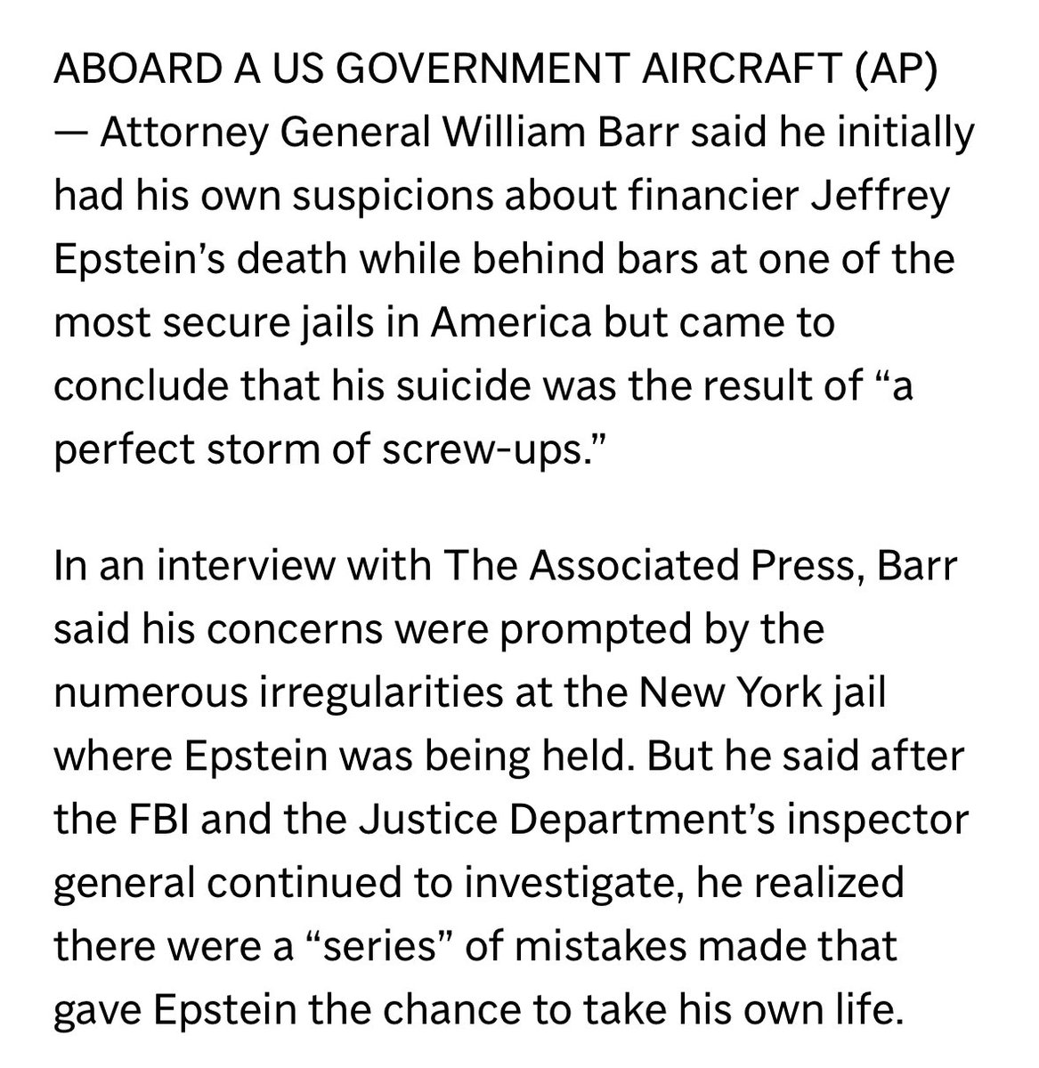 MikeBalsamo1's tweet image. On the MCC/Epstein cell tapes, remember that in 2019 AG Barr, who initially believed it was possible Epstein was killed, said he personally reviewed the tapes from outside Epstein’s cell & they showed no one entering the area all night & it was a suicide. apnews.com/article/ap-top…