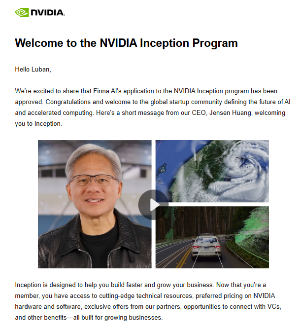 finna_xyz's tweet image. Jensen Huang welcomes @finna_xyz  to the NVIDIA Inception Program.  

From plate to insight — let’s fly higher, together.