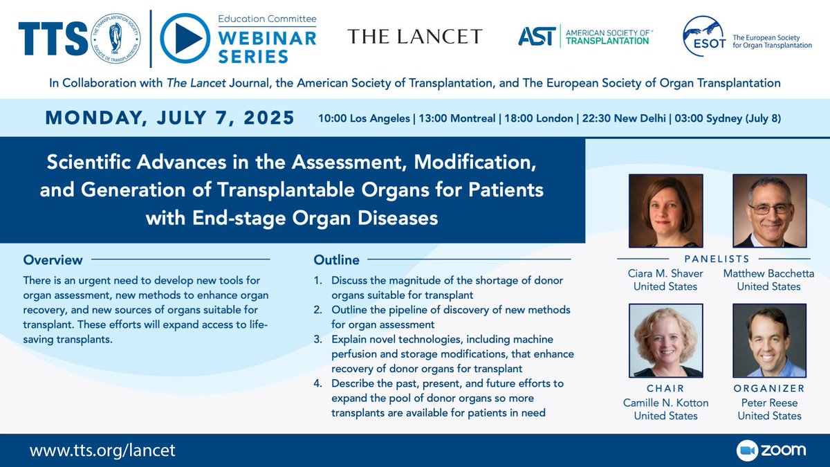 TTS (@ttsorg) on Twitter photo 📣 Webinar this Monday - 7 June - Don't miss this important discussion!
👉Scientific Advances in the Assessment, Modification, and Generation of Transplantable Organs for Patients with End-stage Organ Diseases
🗨️<a href="/KottonNelson/">Camille Nelson Kotton</a>, <a href="/PeterPReese1/">Peter Reese</a>, Ciara M. Shaver, Matthew 📣 Webinar this Monday - 7 June - Don't miss this important discussion!
👉Scientific Advances in the Assessment, Modification, and Generation of Transplantable Organs for Patients with End-stage Organ Diseases
🗨️<a href="/KottonNelson/">Camille Nelson Kotton</a>, <a href="/PeterPReese1/">Peter Reese</a>, Ciara M. Shaver, Matthew