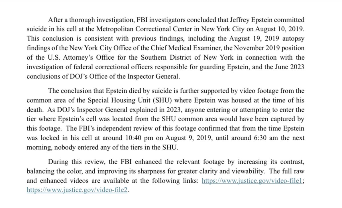 This new DOJ memo admits there are countless victims of Epstein on video but no client list or evidence of other rapists they can charge. Oh it claims Epstein wasn’t using videos as blackmail.

So Epstein was trafficking these underage girls to nobody? Is Pam Bondi serious? No