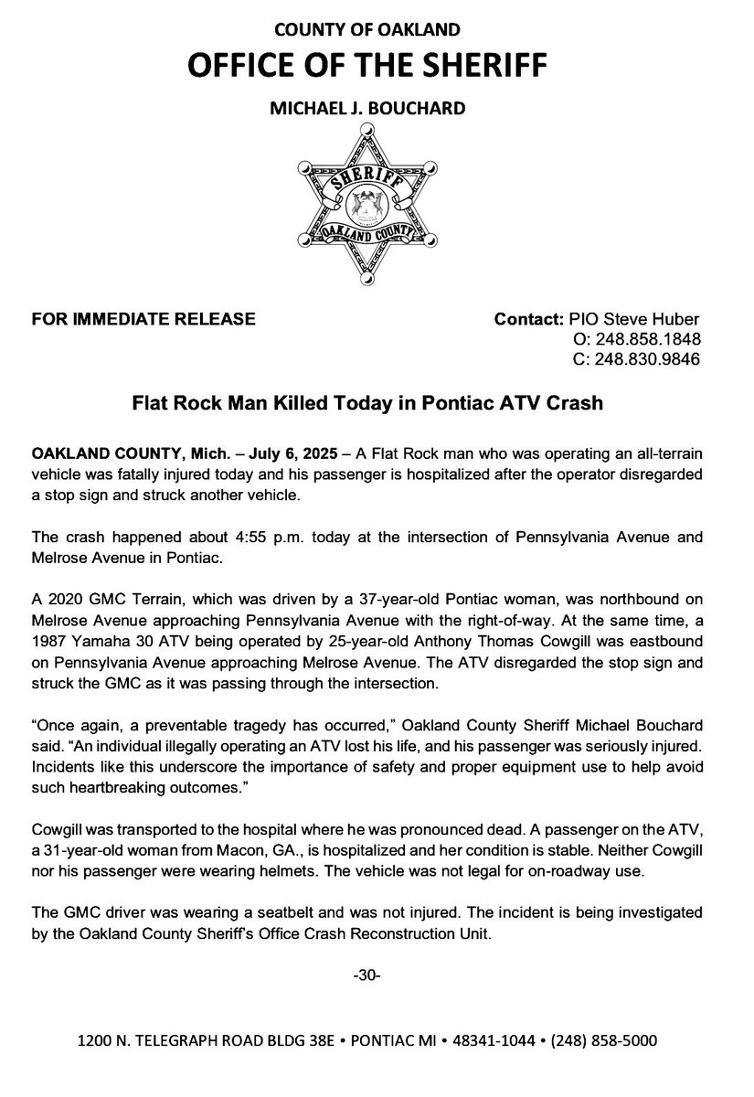 Regrettably, another preventable tragedy has occurred, this time involving an ATV crash.