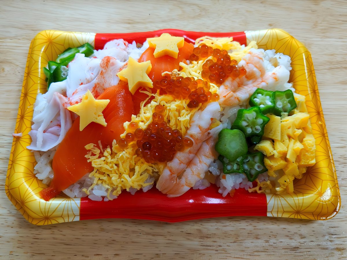 スーパーのお弁当で昼食。“七夕ちらし寿司”を美味しく頂きました。