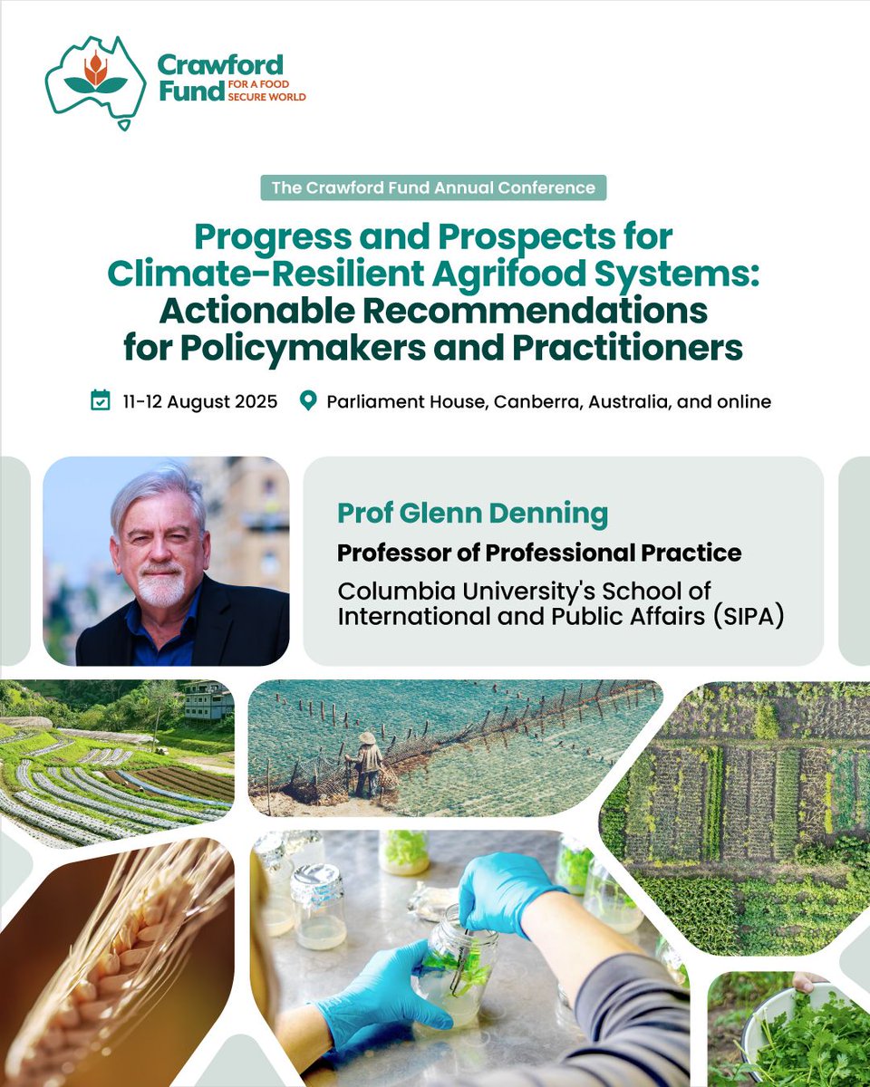 The Crawford Fund (@crawfordfund) on Twitter photo 🌟 Prof Glenn Denning <a href="/ColumbiaSIPA/">Columbia | SIPA</a>, 2023 Global Australian of the Year award winner for his work to end hunger and promote sustainable development, will deliver the keynote at the #25CFConf.
👤 Read his bio: buff.ly/oVvNqFg
📝 Register: buff.ly/C1tQCHk 🌟 Prof Glenn Denning <a href="/ColumbiaSIPA/">Columbia | SIPA</a>, 2023 Global Australian of the Year award winner for his work to end hunger and promote sustainable development, will deliver the keynote at the #25CFConf.
👤 Read his bio: buff.ly/oVvNqFg
📝 Register: buff.ly/C1tQCHk