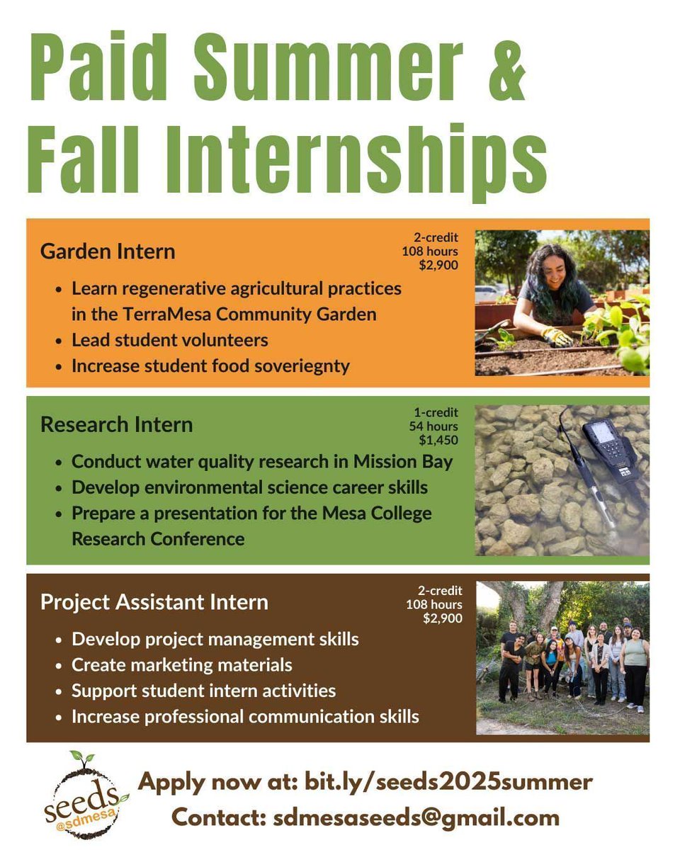 SanDiegoMesaCollege (@sdmesacollege) on Twitter photo DON'T MISS OUT! Internship Opportunities for Summer and Fall are now open! 🌞 SEEDS Scholars
Questions? Contact Professor Waverly Ray at wray@sdccd.edu DON'T MISS OUT! Internship Opportunities for Summer and Fall are now open! 🌞 SEEDS Scholars
Questions? Contact Professor Waverly Ray at wray@sdccd.edu
