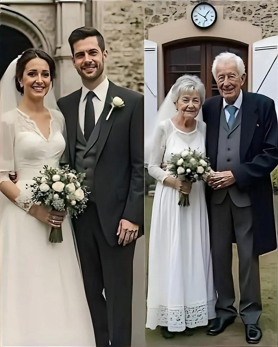 عمره 103 عاماً..
وعمرها 101 عاماً..
صورة زواجهما قبل 80 عاماً 1945 بُعيْد إنتهاء الحرب العالمية الثانية..
وصورتهما هذا العام ..
ياترى كم مر عليهما من الأحداث الحلوة والمرة في حياتهما الزوجية وتجاوزاها لأن قلبيهما متآلفان ونفسيهمامتسامحتان.
 💚❤️💜🩵💙🩷🤎🧡