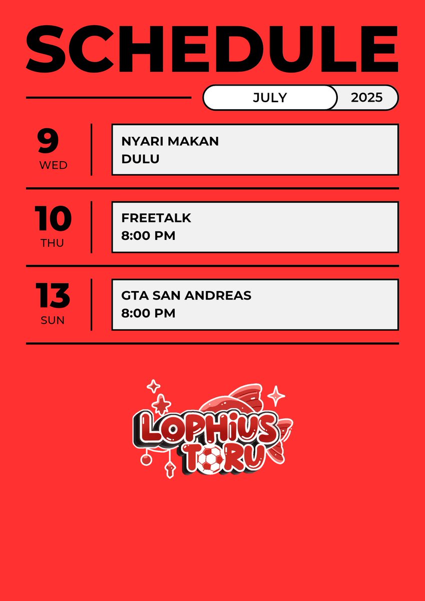 jadwal

Hashtags 
General: #LophiusToru
Live: #LopLive
Fanart: #GambaRu
Memes: #BodoRu
Clip: #ClipLop 
Fan name: #Lovehius 

#VTuber #VTuberIndonesia #VTuberID