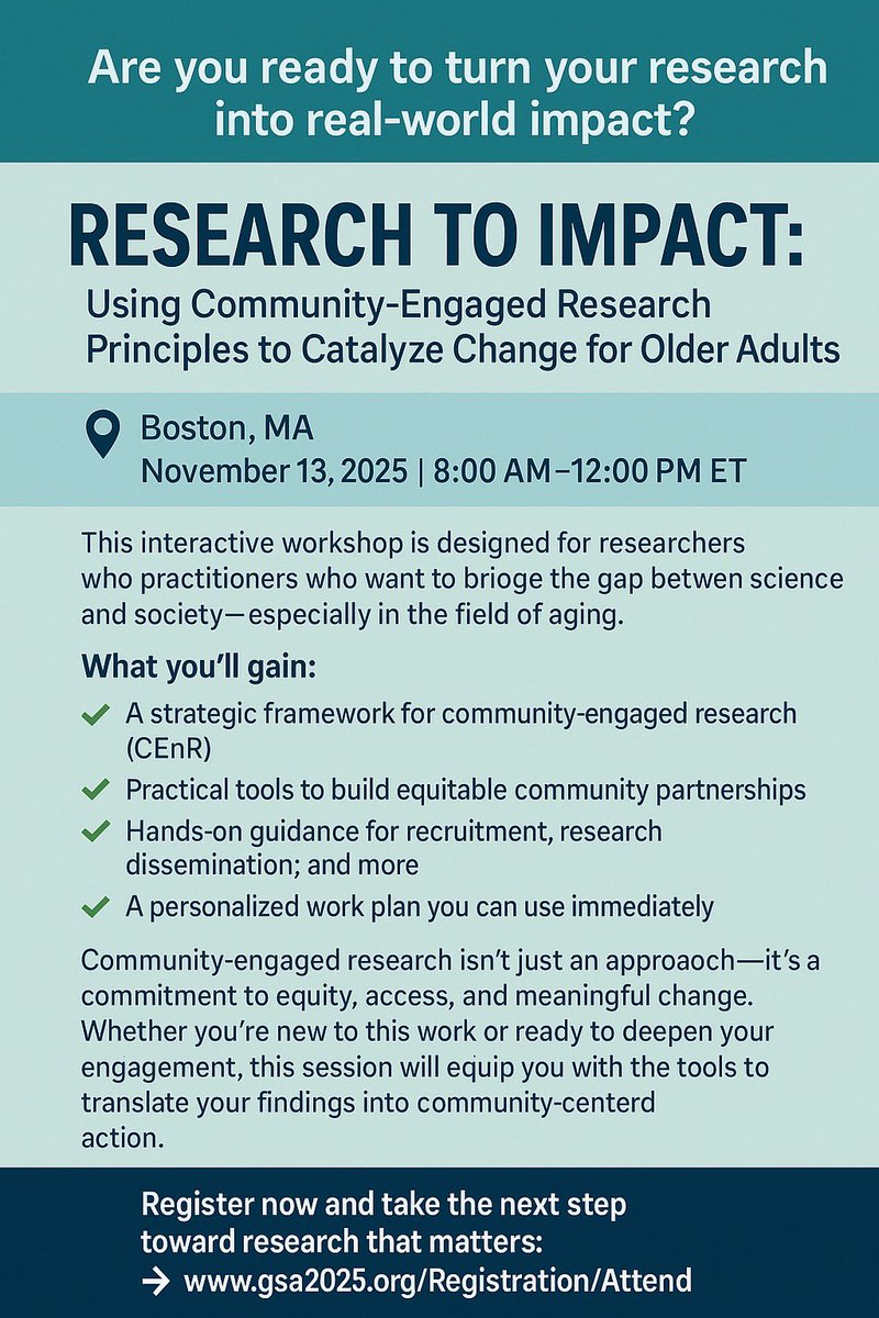 Faith Village Research (@village_faith) on Twitter photo 📣 Ready to turn your research into real-world impact?
Join Dr. Fayron Epps, <a href="/QOL4olderadults/">Fayron Epps PhD,RN,FAAN</a>, on Nov 13 for RESEARCH TO IMPACT—a hands-on workshop using community-engaged research to drive change for older adults.
🔗 gsa2025.org/Registration/A….
#GSA2025 #ResearchToImpact 📣 Ready to turn your research into real-world impact?
Join Dr. Fayron Epps, <a href="/QOL4olderadults/">Fayron Epps PhD,RN,FAAN</a>, on Nov 13 for RESEARCH TO IMPACT—a hands-on workshop using community-engaged research to drive change for older adults.
🔗 gsa2025.org/Registration/A….
#GSA2025 #ResearchToImpact