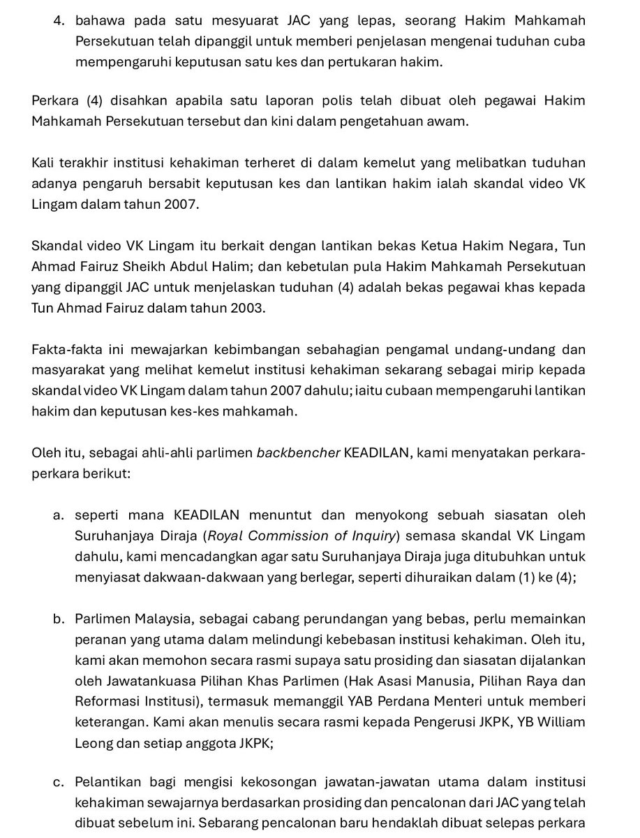 mynewshub's tweet photo. Kenyataan media sembilan MP PKR yang diketuai oleh Rafizi Ramli 

Berikut adalah maklumat-maklumat yang kini berlegar dalam pengetahuan awam dan memerlukan penjelasan dari pihak pentadbiran Kerajaan Persekutuan:

1. Bahawa bagi pelantikan hakim-hakim baru (sama ada bagi Mahkamah Tinggi,
Mahkamah Rayuan dan Mahkamah Persekutuan), pencalonan yang telah 
dihantar oleh Suruhanjaya Pelantikan Kehakiman (JAC) kepada kerajaan tidak 
diambil tindakan pada kadar yang sewajarnya, yang menyebabkan kekosongan menjadi mendesak;

2. Bahawa pencalonan bagi kekosongan Ketua Hakim Negara dan Presiden 
Mahkamah Rayuan telah pun diputuskan oleh JAC sebelum persaraan Tun Tengku Maimun Tuan Mat dan dikemukakan kepada YAB Perdana Menteri sebelum ini, tetapi pelantikan tidak dibuat sehinggalah menyebabkan kekosongan yang ada sekarang;

3. Bahawa mesyuarat JAC telah dipanggil pada hari Jumaat lepas tanpa mematuhi keperluan notis 10 hari, dengan tujuan untuk membuat pencalonan semula bagi jawatan-jawatan yang kosong;

4. Bahawa pada satu mesyuarat JAC yang lepas, seorang Hakim Mahkamah 
Persekutuan telah dipanggil untuk memberi penjelasan mengenai tuduhan cuba mempengaruhi keputusan satu kes dan pertukaran hakim.

MYNEWSHUB