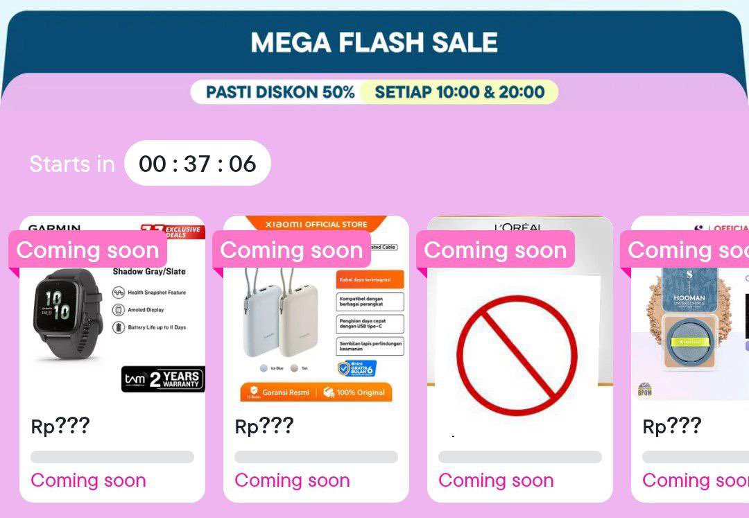 Mega Flash Sale Blibli
⏰10:00 WIB

Xiaomi Power Bank 10000mAh 
s.blibli.com/GNtk/vqfnzo1j

[LAST CHANCE] - Somethinc Hooman Under Control HD Blur Loose Powder 
s.blibli.com/GNtk/zefir2at

Garmin Venu Sq 2 - Shadow Gray/Slate
s.blibli.com/GNtk/woqax8vc