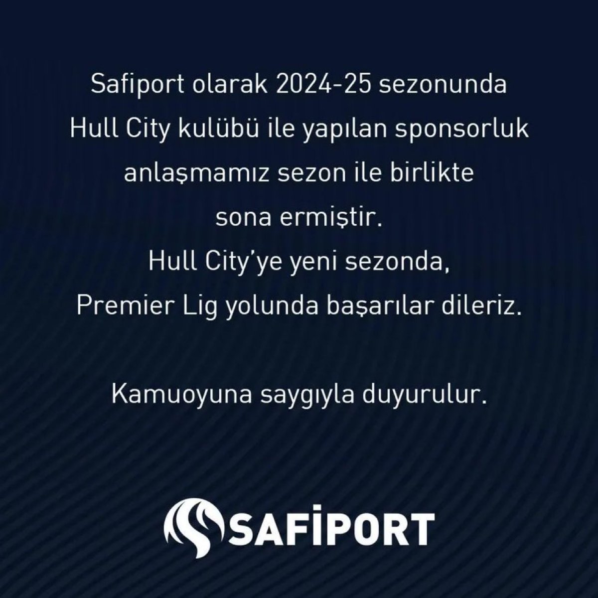 Safiport, Hull City ile olan sponsorluk anlaşmasının sona erdiğini ve yeni sezonda yenilenmeyeceğini açıkladı.