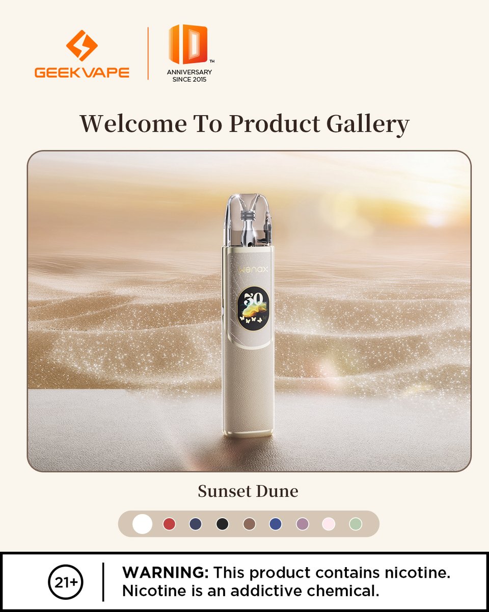 GeekvapeTech's tweet photo. Meet Wenax Q2 Sunset Dune 🏜️
Where elegance meets innovation.

✨ Smooth metallic curves
✨ Sleek and soft touch
✨ Available in 10 sophisticated colors
Your vape, your lifestyle.

#WenaxQ2 #Geekvape #Geekvape10th #geekvp #VapeDesign #VapeLife #vapecommunity https://t.co/kgUzqC91vp