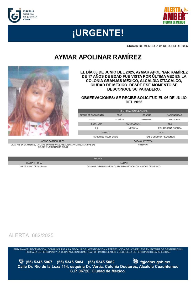 FiscaliaCDMX's tweet image. Se activa #AlertaAmber para localizar a una menor de 17 años de edad, de nombre Aymar Apolinar Ramírez, quien fue vista por última vez el día 8 de junio de 2025, en la colonia Granjas México, alcaldía Iztacalco.