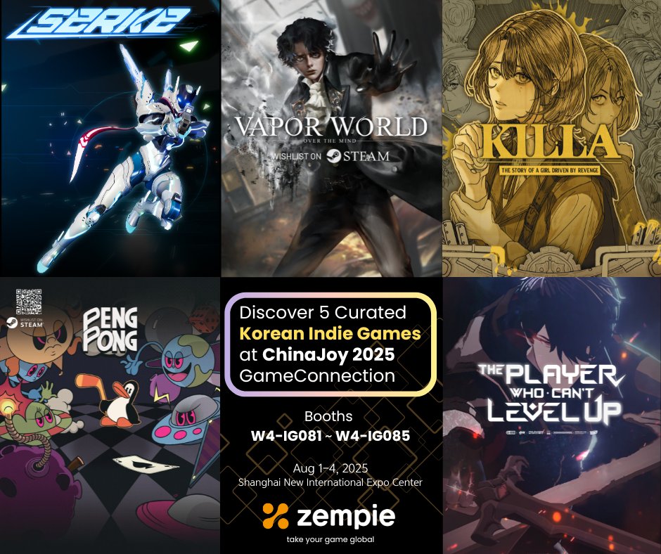 zempieofficial's tweet image. 젬파이가 GAME AICON Seoul 에 이어 글로벌 파트너인 차이나조이 게임커넥션과의 협업으로 대한민국 인디게임 5종을 현장에서 선보입니다.
8월 1일 부터 4일까지, 차이나조이(#ChinaJoy) 2025 B2B관 게임커넥션(#GameConnection) 부스에서 중국의 퍼블리셔와 파트너 그리고 유저들을 만나고…