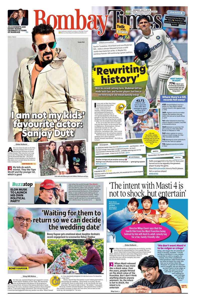 BombayTimes (@bombaytimes) on Twitter photo Todayâs P1: <a href="/duttsanjay/">Sanjay Dutt</a> is all set to explore new horizons in South Indian cinema, <a href="/ShubmanGill/">Shubman Gill</a> sets record, scores 585 run in two tests, <a href="/BoneyKapoor/">Boney Kapoor</a> is elated as daughter <a href="/anshulakapoor/">Anshula Kapoor</a> gets engaged
Read: bit.ly/3r0dVfE Todayâs P1: <a href="/duttsanjay/">Sanjay Dutt</a> is all set to explore new horizons in South Indian cinema, <a href="/ShubmanGill/">Shubman Gill</a> sets record, scores 585 run in two tests, <a href="/BoneyKapoor/">Boney Kapoor</a> is elated as daughter <a href="/anshulakapoor/">Anshula Kapoor</a> gets engaged
Read: bit.ly/3r0dVfE