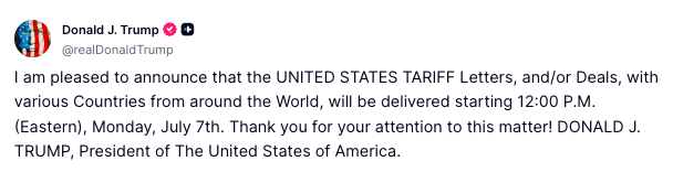 TCNetworkFans's tweet image. Today at 12 PM, Tariff Letters will be sent out to various countries.
Additionally, President Trump says any country aligning with "Anti-American policies of BRICS" will be charged and additional 10% tariff.