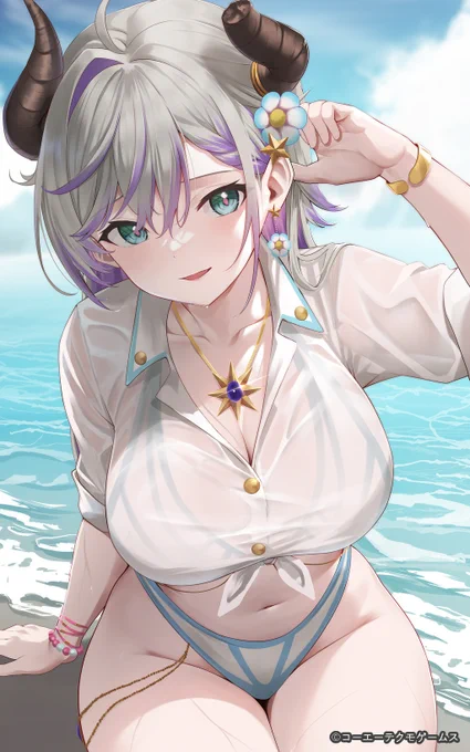 \#レスレリ メモリア紹介/ 「波に濡れて」 イラスト: コイスケ()さん 海でのひと泳ぎを終えたヴァレリア。彼女の泳ぎは、水中であることを感じさせないほど力強く、優雅で、周囲の人々の視線を釘付けにした。 陸へ上がった彼女の身体に濡れたシャツが張り付き、しずくが肌を伝う。