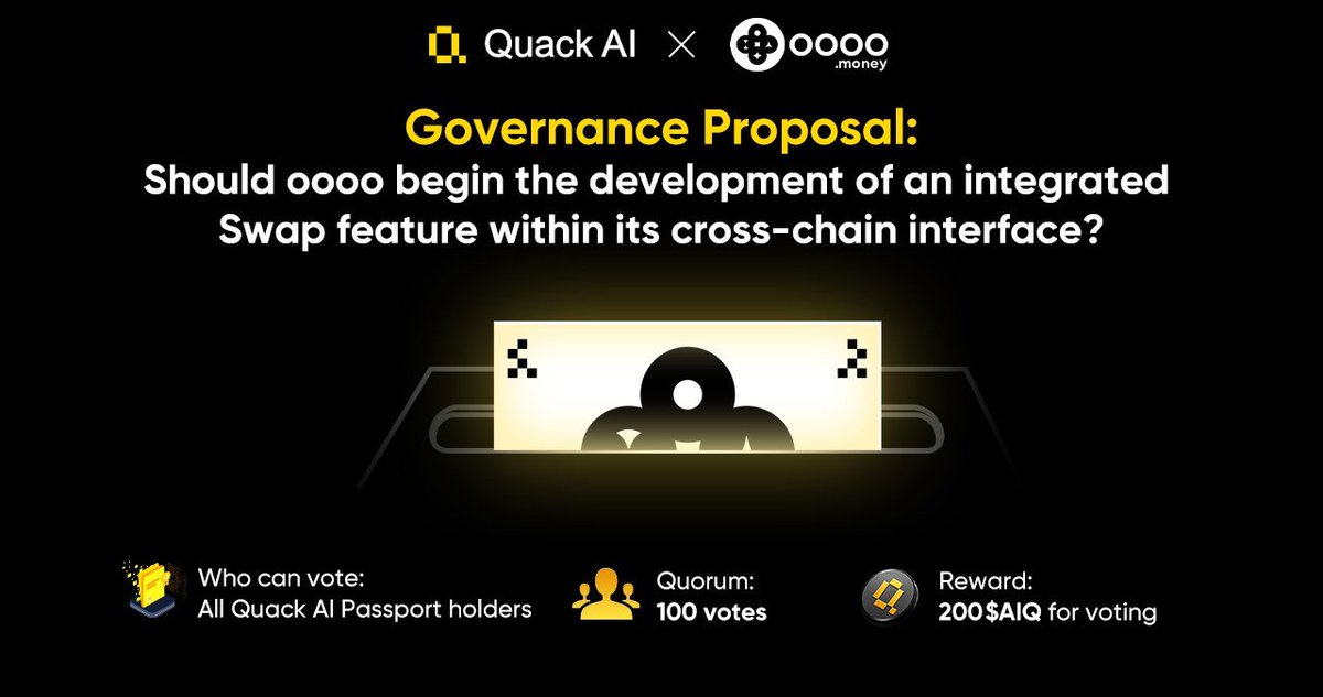 Quack AI x <a href="/oooo_money/">oooo</a> 

Governance just got smarter on <a href="/LineaBuild/">Linea.eth</a> .  

DAOs on oooo now run at builder speed — powered by AI voting summaries, delegation tools, and composable logic.  

🗳️ The 1st Proposal is now live:  Should oooo start Developing Swap Functionality for