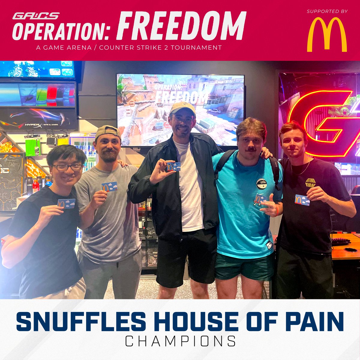 GameArenaCBUS's tweet image. Congratulations to Snuffles House of Pain, the winners of our Operation: Freedom Counter-Strike 2 LAN event, taking it in an ELECTRIC 3-map series against Sedated!
🥇@snufaffu
🥇@WilsonCS_GO
🥇@CSKermi
🥇@cs_icarus
🥇@bonesTJD
Thanks to McDonald's for supporting the event!
