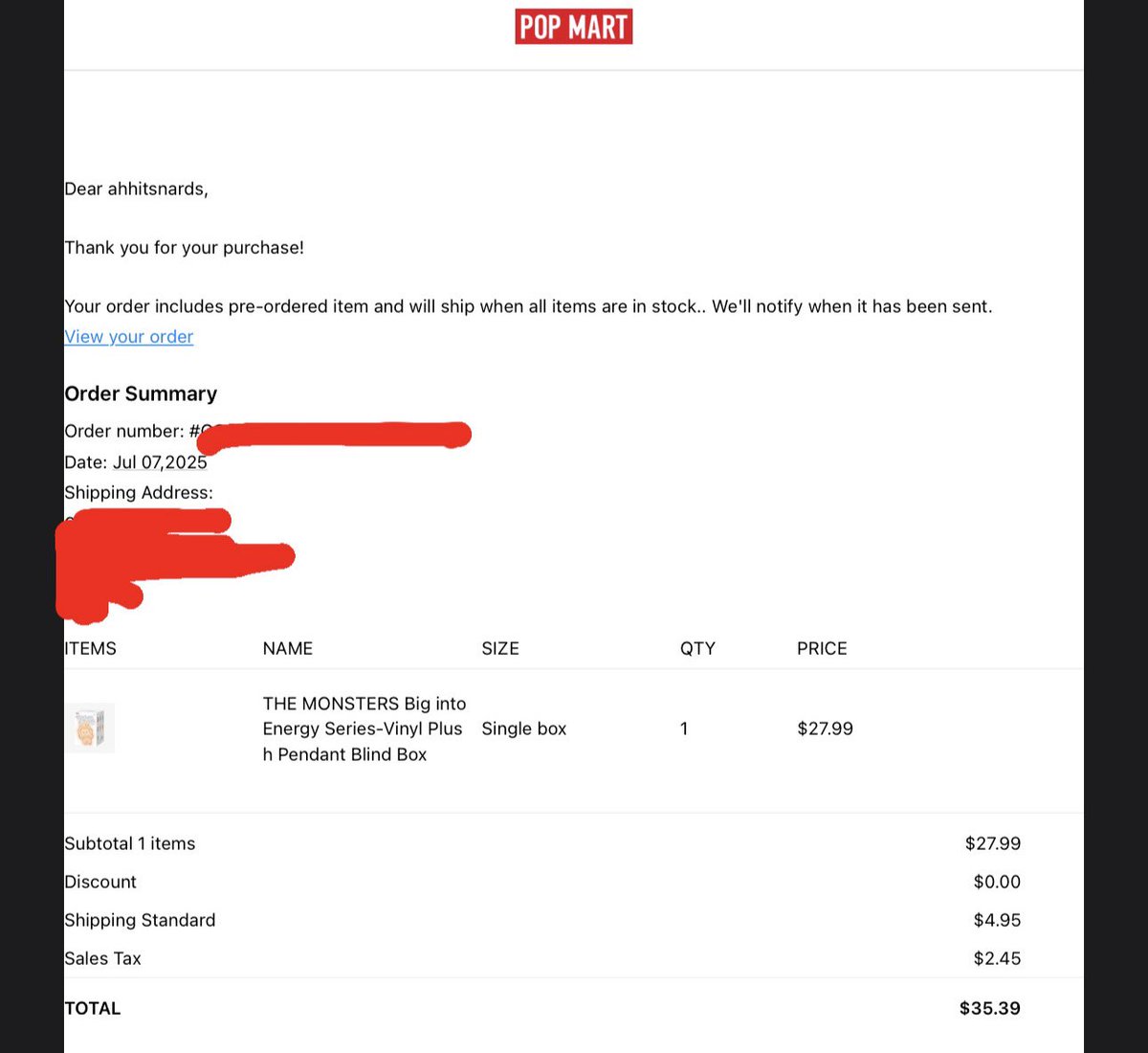 AHHITSNVRDS's tweet photo. @labubudrops False alarm emailed pulled through. Thank you for the notice @labubudrops https://t.co/0JZsmkjCEG