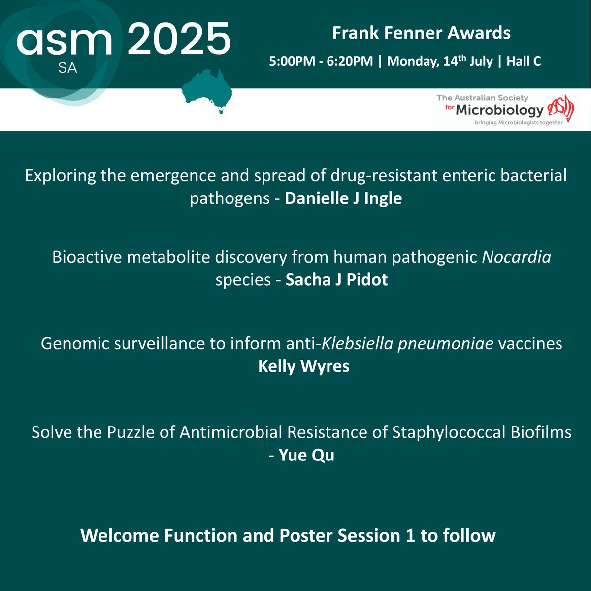 AUSSOCMIC's tweet image. Our annual meeting will open with the awards ceremony, distinguished award oration and our Frank Fenner Award recipients #ASM2025
