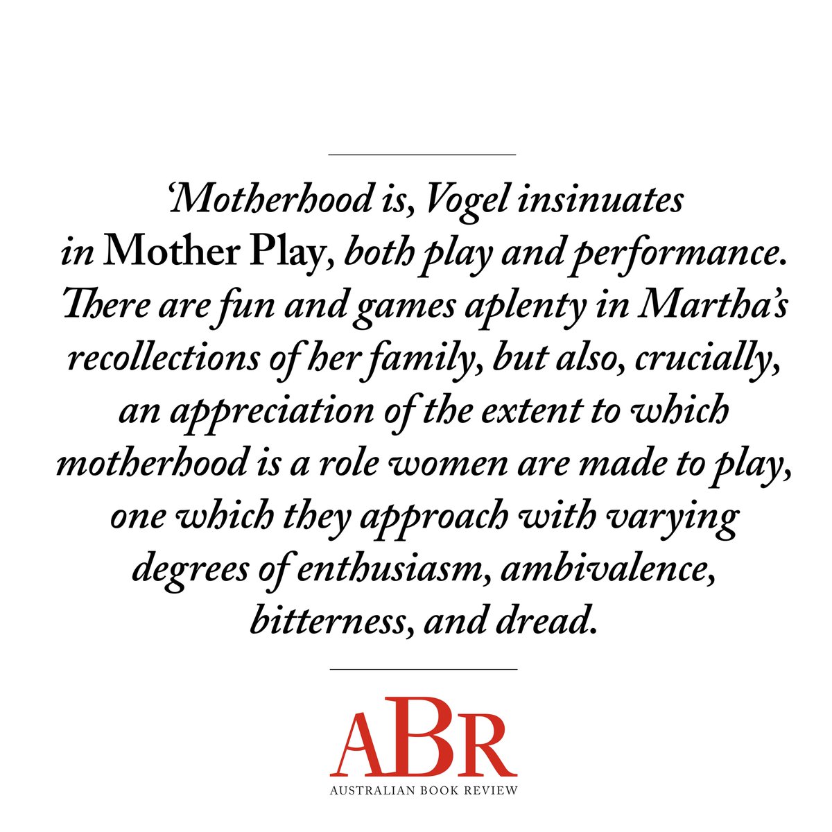 AustBookReview's tweet image. ‘Motherhood is, Vogel insinuates in Mother Play, both play and performance.’
‘Mother Play: A play in five evictions: Paula Vogel’s take on motherhood and memory’ by Diane Stubbings | @MelbTheatreCo
australianbookreview.com.au/arts-update/10…