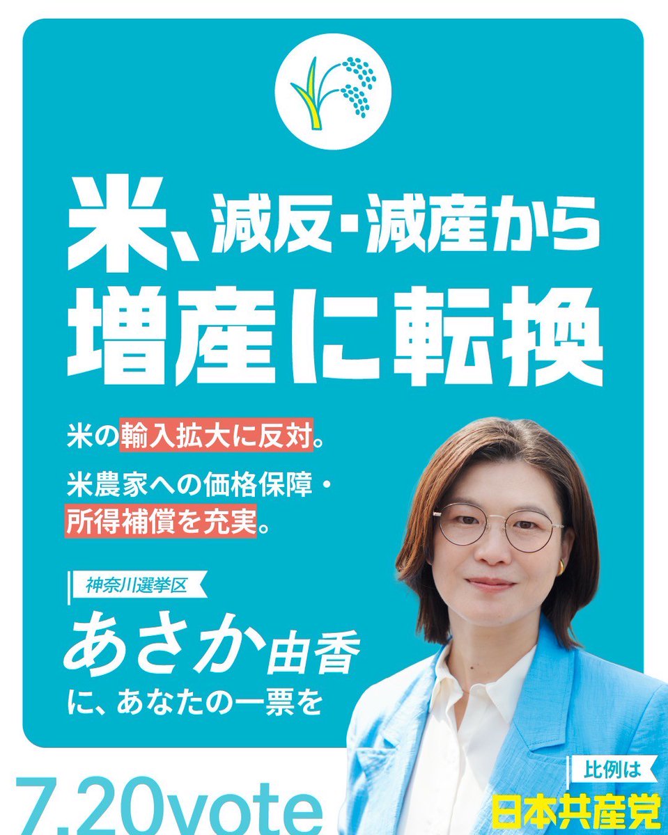 お米不足と価格の高騰は、自然現象ではありません。 米農家に減反・減産を押し付けてきた、歴代自民党政権の失政の結果です。  お米の輸入拡大は中止し、米農家が安心してお米作りを続けられるように支えることで、日本の農業を守ります。 #神奈川はあさか由香 #比例は日本 ...