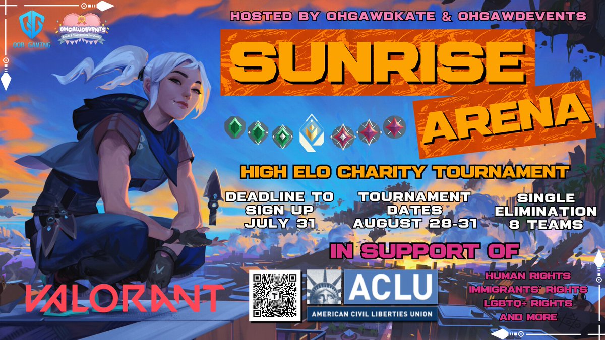 QoR Ohgawdkate☀️🍉 (@ohgawdkate) on Twitter photo 📢 CALLING ALL ASCENDANT, IMMORTAL, & RADIANT VALORANT PLAYERS! 📢
🌅 Presenting the first ever <a href="/OhgawdEvents/">OhgawdEvents</a> High Elo Charity Tournament: Sunrise Arena! 🌅
We're proud to support the American Civil Liberties Union (<a href="/ACLU/">ACLU</a>) in light of ongoing ICE raids and the fight to protect 📢 CALLING ALL ASCENDANT, IMMORTAL, & RADIANT VALORANT PLAYERS! 📢
🌅 Presenting the first ever <a href="/OhgawdEvents/">OhgawdEvents</a> High Elo Charity Tournament: Sunrise Arena! 🌅
We're proud to support the American Civil Liberties Union (<a href="/ACLU/">ACLU</a>) in light of ongoing ICE raids and the fight to protect