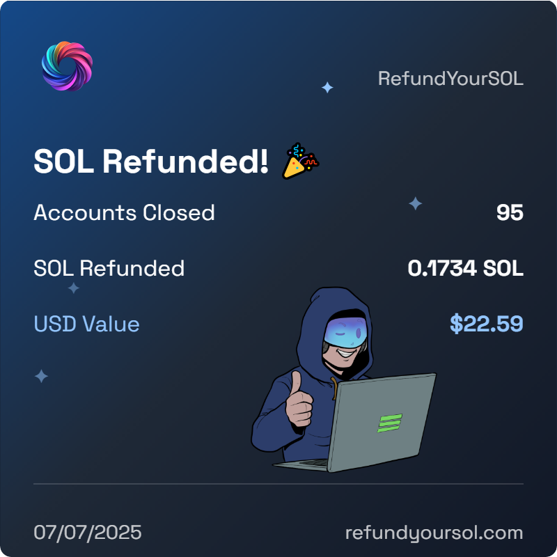 andrew_stya's tweet photo. You're missing out...
I just got 0.1734 SOL ($22.59) refunded! 💸

It took 15 seconds. Now my #solana wallet’s cleaner *and* richer — shoutout to @RefundYourSOL 💜

Go grab yours: https://t.co/qWA7nz8WdS https://t.co/MY35PWyYah