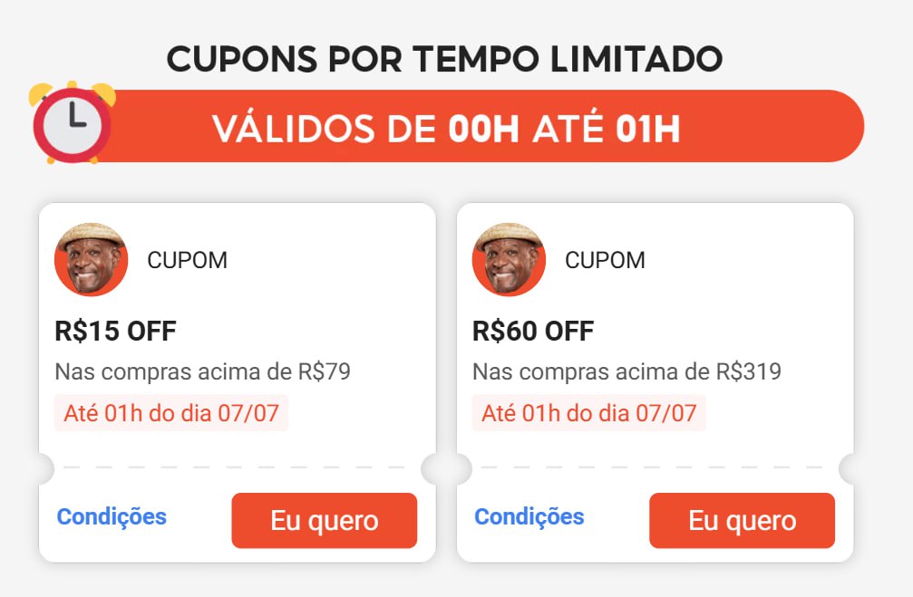 7/7 NA SHOPEE COMEÇOU 

🔗 Confira aqui os cupons de 00H até 01H
s.shopee.com.br/4AolheV6nd