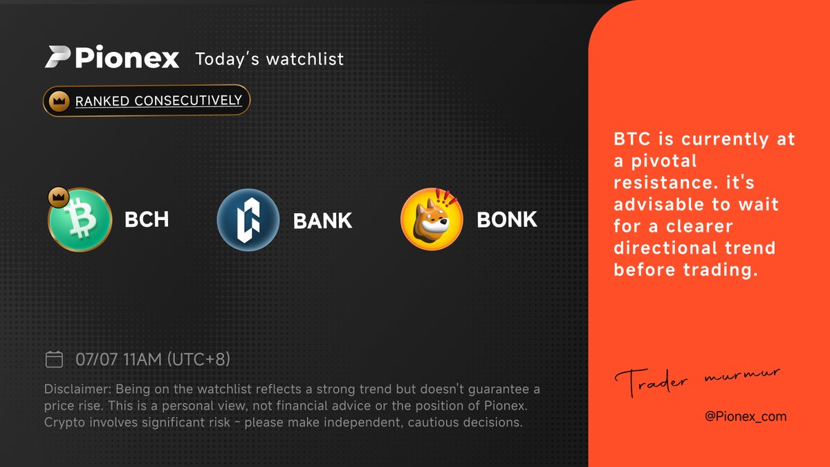 📅 7/7 Watchlist
🏯 $BCH, $BANK, $BONK  on our radar today!

💡Friendly Reminder:
The selected coins aren't guaranteed to rise — they just show stronger upward momentum and lower downside risk

#BCH #BANK #BONK #Pionex