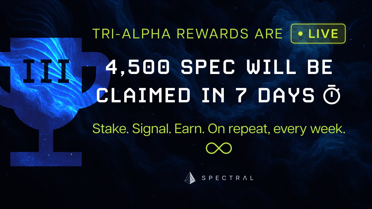 1/6 🚨 Tri-Alpha Rewards are now LIVE

4,500 SPEC will be claimed by the community over the next 7 days. 

The earlier you enter, the more 🏆 you’ll accumulate.

Here’s how you Stake, Signal, Earn.
On repeat, every week 👇