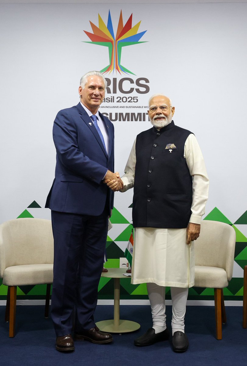BJP4India's tweet photo. PM Shri @narendramodi met Cuban President Miguel Díaz-Canel Bermúdez on the sidelines of the BRICS Summit in Rio De Janiero, Brazil. 

Both leaders discussed a wide range of topics, including the growing acceptance of Ayurveda in the Carribean country. https://t.co/eWMlMyUVmX