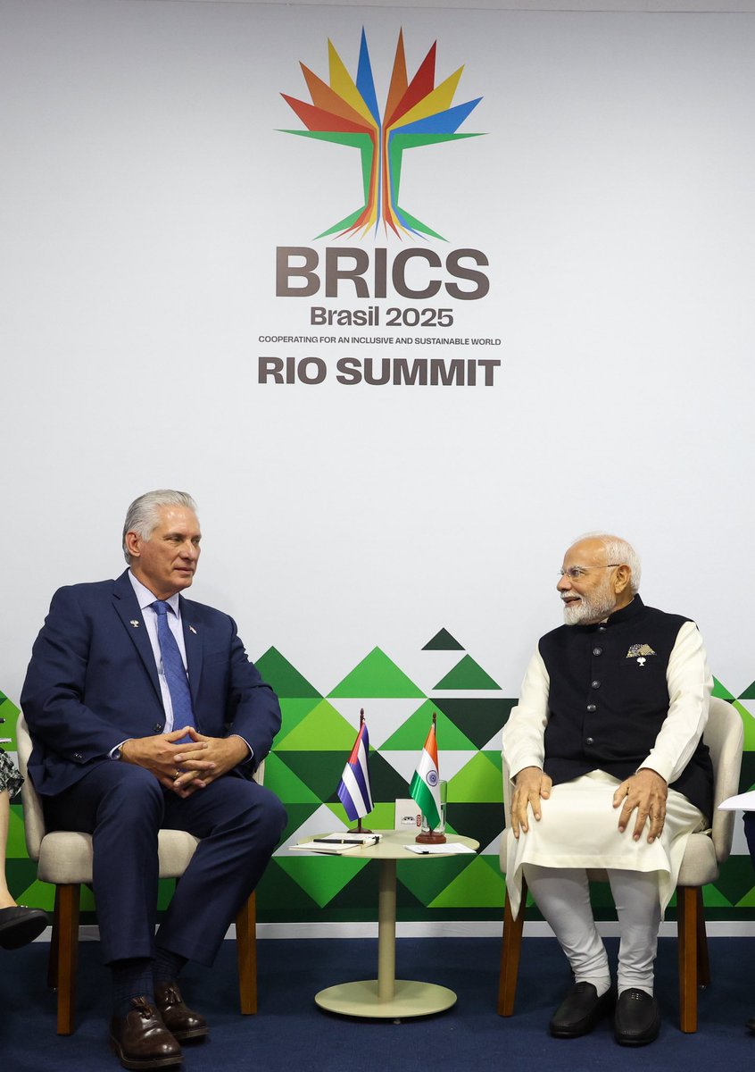 BJP4India's tweet photo. PM Shri @narendramodi met Cuban President Miguel Díaz-Canel Bermúdez on the sidelines of the BRICS Summit in Rio De Janiero, Brazil. 

Both leaders discussed a wide range of topics, including the growing acceptance of Ayurveda in the Carribean country. https://t.co/eWMlMyUVmX