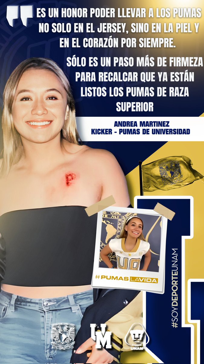 PUMASCUfanbase's tweet image. 💙💛 Andrea Martínez ya cruzó todas las fronteras.
LIGA MAYOR ONEFA 2025
Egresada de nuestra @DerechoUNAMmx, primera mujer en anotar puntos con @PumasCU_fba, y ahora, como jugadora de cuarto año, lleva en el pecho la P de los PUMAS DE UNIVERSIDAD. 🐾
Pasó la novatada. Vivió…