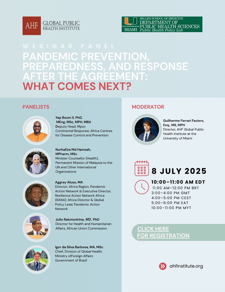 AHF Africa (@ahfafrica) on Twitter photo Save the date: 8th July 2025.
Join the <a href="/ahfinstitute/">AHF Global Public Health Institute</a> and <a href="/universityofmi1/">university of miami</a> public health policy lab for an insightful conversation on the Pandemic Agreement and the way forward. <a href="/AIDSHealthcare/">AIDS Healthcare Foundation (AHF)</a>
<a href="/ahfugandacares/">AHF Uganda Cares</a> <a href="/ahfkenya/">AHF Kenya</a> <a href="/ahfrwanda/">AHF Rwanda</a>
Register here: url.us.m.mimecastprotect.com/s/fVAhCNkjyYTk… Save the date: 8th July 2025.
Join the <a href="/ahfinstitute/">AHF Global Public Health Institute</a> and <a href="/universityofmi1/">university of miami</a> public health policy lab for an insightful conversation on the Pandemic Agreement and the way forward. <a href="/AIDSHealthcare/">AIDS Healthcare Foundation (AHF)</a>
<a href="/ahfugandacares/">AHF Uganda Cares</a> <a href="/ahfkenya/">AHF Kenya</a> <a href="/ahfrwanda/">AHF Rwanda</a>
Register here: url.us.m.mimecastprotect.com/s/fVAhCNkjyYTk…