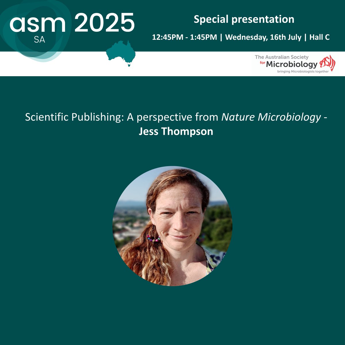 AUSSOCMIC's tweet image. Up next is a special presentation from Nature Microbiology editor Jess Thompson #ASM2025