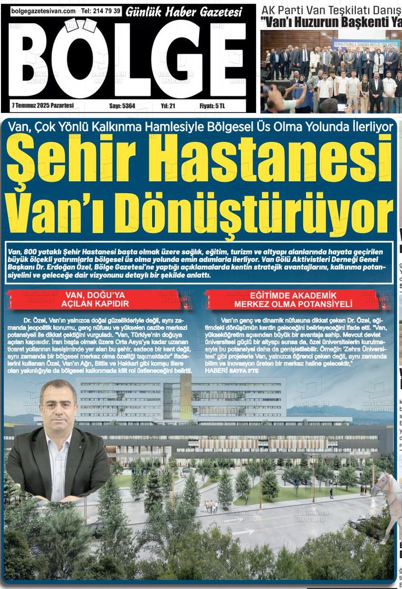 Şehir Hastanesi Van’ı Dönüştürüyor!

Vangölü Aktivistleri Derneği Genel Başkanı Dr. Erdoğan Özel, Van’ın gelişim vizyonu hakkında Bölge Gazetesi’ne önemli değerlendirmelerde bulundu. Van’ın jeopolitik konumunun sunduğu fırsatları anlatan Özel, eğitimden sağlığa, turizmden