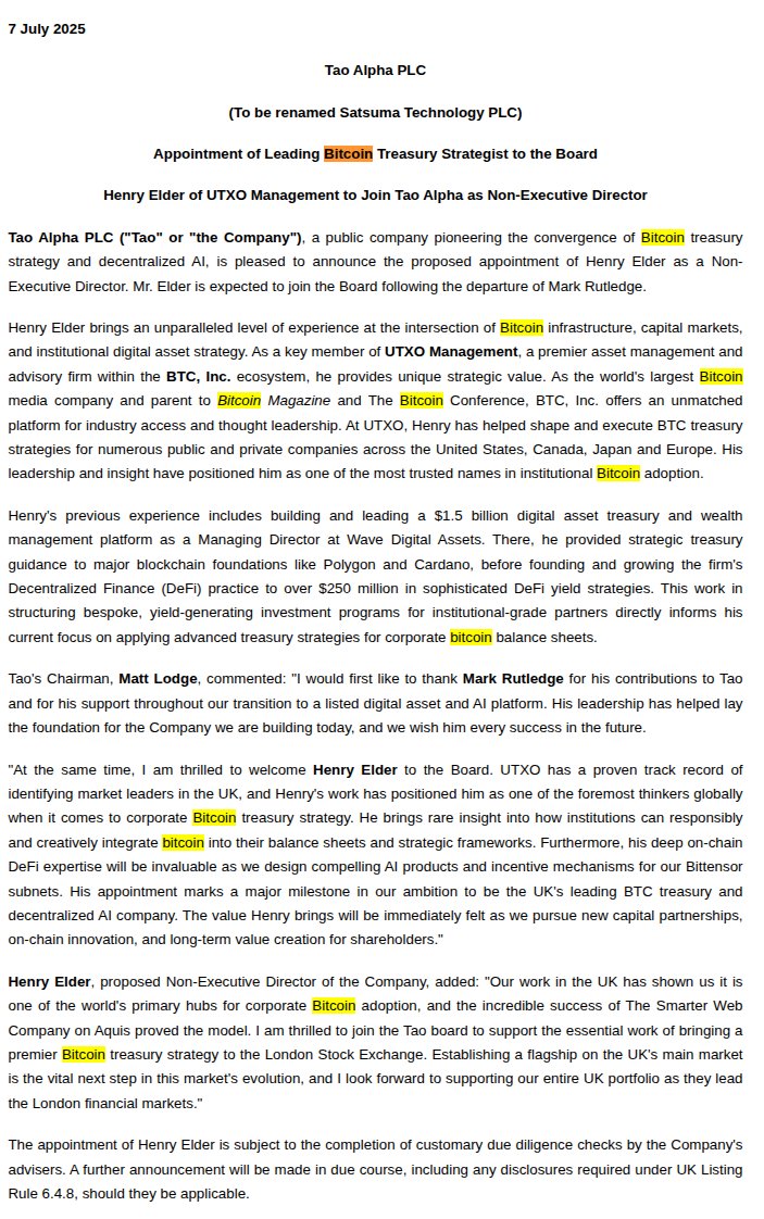 🚨JUST IN: 🇬🇧 Tao Alpha, to be renamed Satsuma Technology, appoints  @HenryElderBTC from UTXO Management as Non-Executive Director 