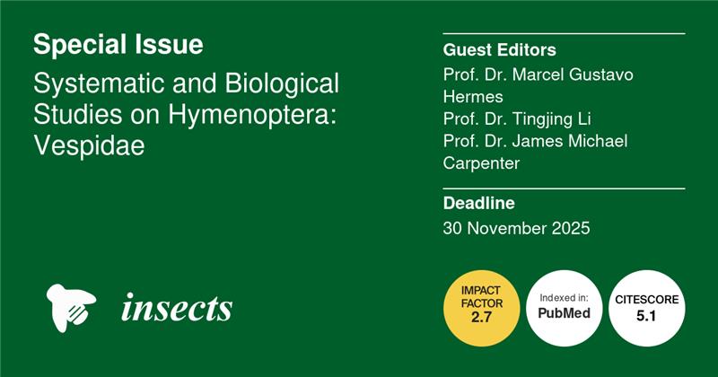 Insects_MDPI's tweet photo. Special Issue "Systematic and Biological Studies on #Hymenoptera: #Vespidae" is now open for submissions! 

✏️Guest-edited by Prof. Dr. Marcel Gustavo Hermes, Prof. Dr. Tingjing Li, and Prof. Dr. James Michael Carpenter

🔗To submit at: https://t.co/nyoYTKSyrp https://t.co/mGwWSHPmmc