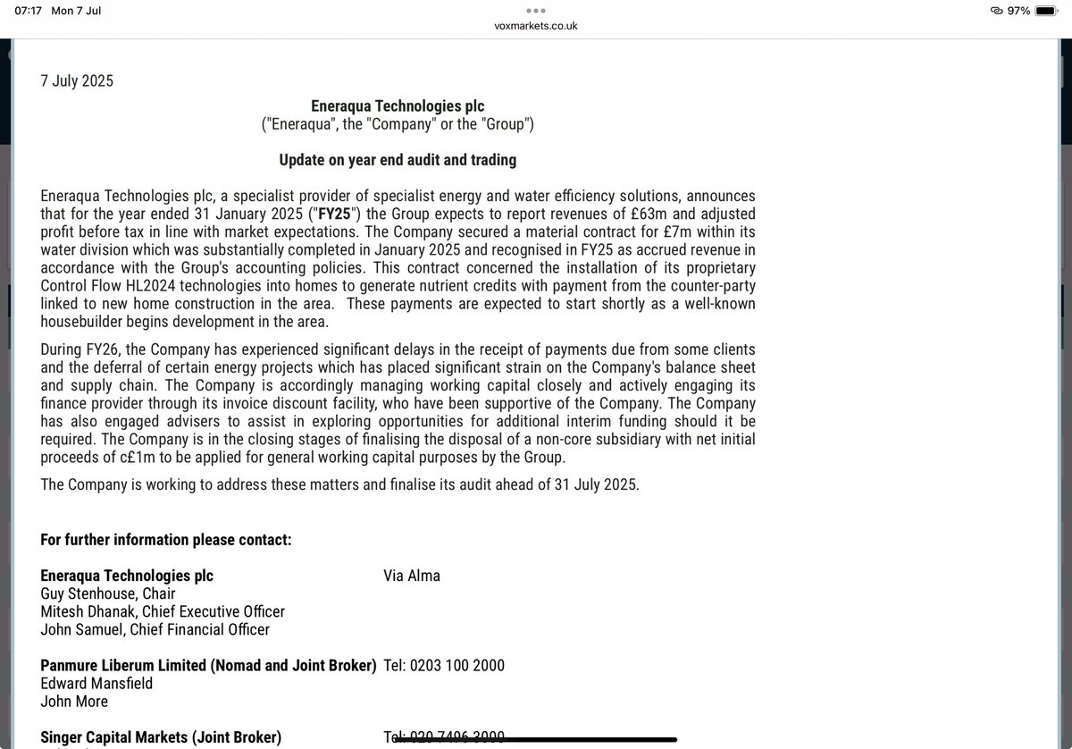 #ETP Sounds like it’s squeaky bum time at Eneraqua on cashflow😳
Slow paying customers have “placed significant strain on the Company’s balance sheet”
“The Company has also engaged advisers to assist in exploring opportunities for additional interim funding should it be required”