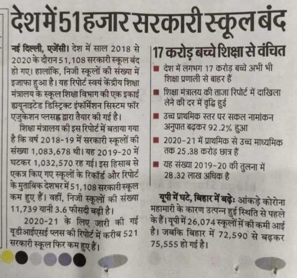 देश में साल 2018 से 2020 के दौरान 51,108 सरकारी स्कूल बंद हो गए !

देश में लगभग 17 करोड़ बच्चे अभी भी शिक्षा प्रणाली से बाहर है !

किस तरह से विश्वगुरु बनाएंगे भारत को समझ से परे है !

हे रामजी! आपका नाम लेकर शिक्षा के दलाल लोग हमारे भारत को किस तरह से बर्बाद कर रहे हैं ! 😢